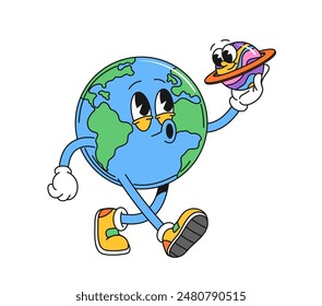 Cartoon Earth planet retro groovy space character walking while holding a small saturn in hand. Isolated vector globe personage has a surprised expression, capturing the essence of a fun and curiosity