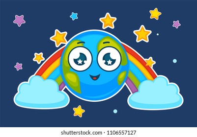 Planeta de la Tierra de las Caricaturas sonriendo en arco iris vectorial