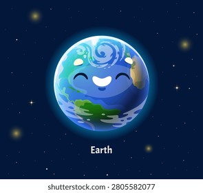Cartoon Earth planet or solar system cute character with funny face in galaxy sky. Solar system cartoon Earth planet with kawaii smile for kids space astronomy education or planetary universe study