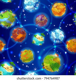 Cartoon Earth planets seamless pattern with animals and different nature landscapes on blue light spotted background vector illustration