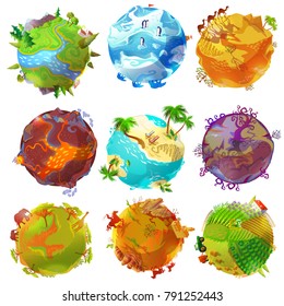 Cartoon Earth planets set with forest arctic desert volcano tropical beach savannah wild west rural landscapes isolated vector illustration