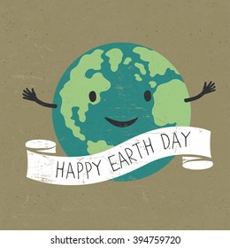 Cartoon Earth with ribbon and text. Planet smile. "Happy Earth Day" words. On old recycled paper texture. Grunge layers easily edited.