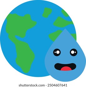 Tierra de dibujos animados con una gota de agua sonriente, que representa el cuidado y la conservación del medio ambiente.