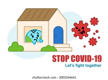 Cartoon earth stay home to protect himself from covid-19.