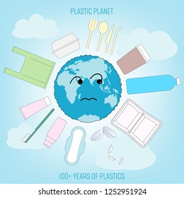 Cartoon earth surrounded by disposable consumer products outline flat icons. Planet suffered from single-use plastic pollution concept. Vector illustration.
