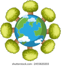 Cartoon Earth surrounded by trees and clouds.