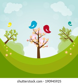 Cartoon earth with trees and birds