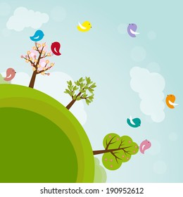 Cartoon earth with trees and birds