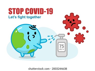 Cartoon earth washing hands and using sanitizer to stop spreading diseases of coronavirus prevention.