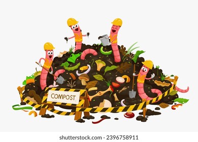 Cartoon earth worm builders characters in compost. Natural fertilizer, farming field and garden soil ecology, agriculture compost vector concept with earthworms happy personages in pile of leftovers