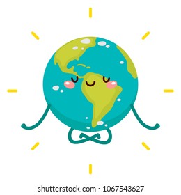 Cartoon Earth yoga meditation, character, vector.