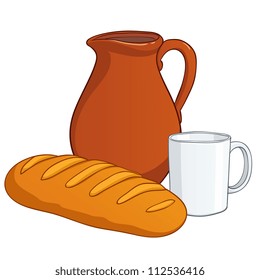 Cartoon earthenware with milk and white long loaf. Vector illustration.