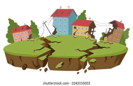 Cartoon earthquake natural disaster. Earth crust break, environment damage catastrophe, earthquake cataclysms flat vector illustration on white background