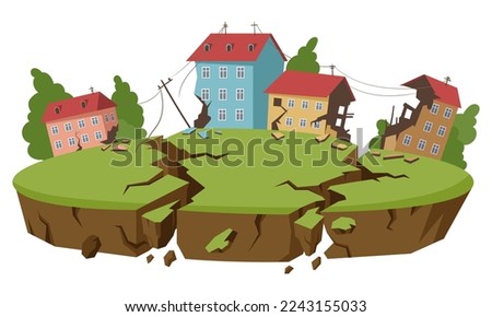 Cartoon earthquake natural disaster. Earth crust break, environment damage catastrophe, earthquake cataclysms flat vector illustration on white background