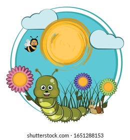 Cartoon of a earthworm, bees and snail with flowers - Vector