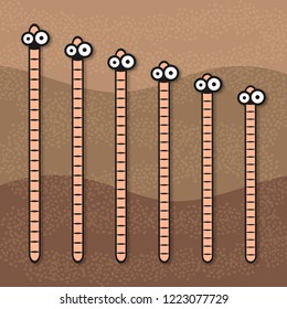 Cartoon earthworm coming out of the ground. Vector clip art illustration.