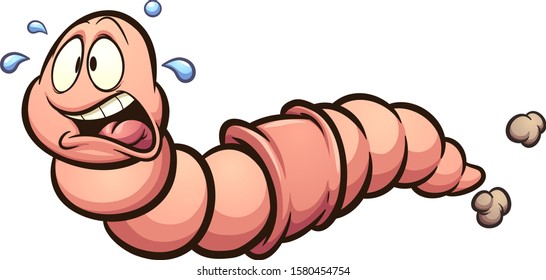 Cartoon earthworm running scared and sweating clip art. Vector illustration with simple gradients. All in a single layer. 
