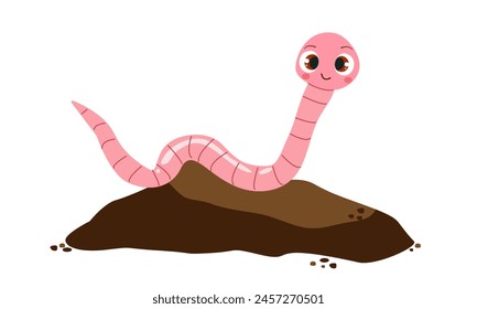 Cartoon earthworm vector icon, funny insect with cute face and big eyes, earth worm mascot. Kids design element, wild nature creature isolated on white background