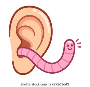Cartoon earworm funny drawing. Cute worm sticking out from ear. Isolated vector clip art illustration.