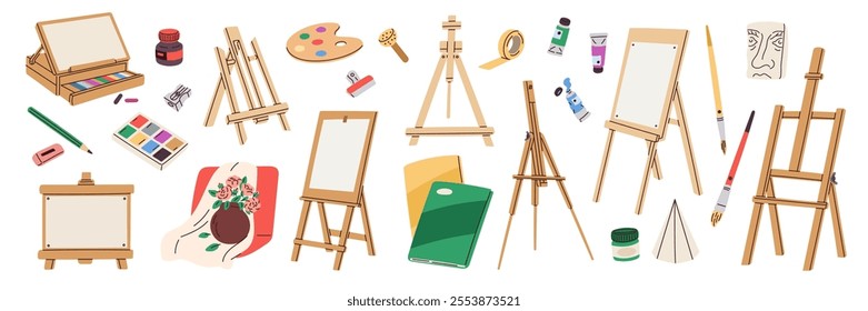 Cartoon easels and artist tools. Painting accessories. Paints palette. Brushes and pencils. Art classroom stuff. Creative workshop supply. Stationery for drawing. Garish