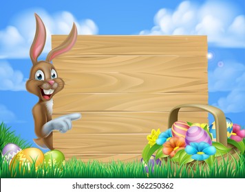 Cartoon easter background Easter bunny   Easter basket full decorated chocolate Easter eggs   big sign