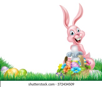 Cartoon Easter background. White Easter bunny with a basket full of decorated chocolate Easter eggs in a field