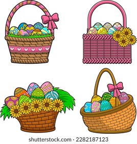 Cartoon Easter Basket With Colored Eggs. Vector Hand Drawn Collection Set Isolated On Transparent Background