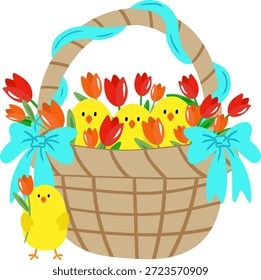 Cesta de Pascua de la historieta llena de pollos del bebé y flores de la primavera aisladas para el diseño de la tarjeta de felicitación y del cartel