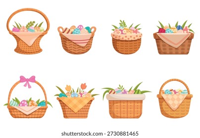 Cesta de Pascua de dibujos animados. Cestas de mimbre de las vacaciones de primavera con las plantas, las flores y los huevos de colores. Contenedores decorativos del estilo rural con las servilletas, sistema sapid del Vector