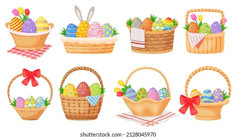 Cartoon easter baskets with painted eggs and spring flowers. Wicker basket full of chocolate egg, springtime holiday gift hampers vector set. Illustration of easter basket for holiday