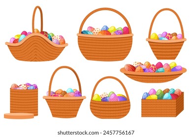 Cartoon Easter baskets with painted eggs. Easter celebration concept. Spring holiday chocolate eggs, wicker basket with painted colorful eggs. Vector illustration EPS10