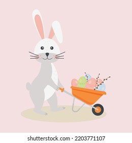 Cartoon easter bunni with cart eggs. Spring holiday easter with cute rabbit vector illustration
