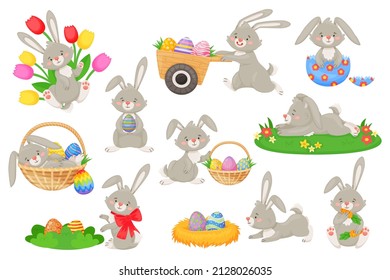 Cartoon easter bunnies with baskets and painted eggs, cute rabbits. Fluffy bunny holding egg, spring holiday rabbit character vector set. Easter bunny cartoon, cute rabbit illustration