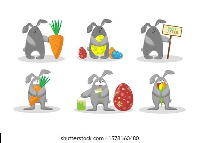 cartoon Easter bunnies with decorated egg, flowers, carrots, plate with inscription Happy Easter. Vector isolated set