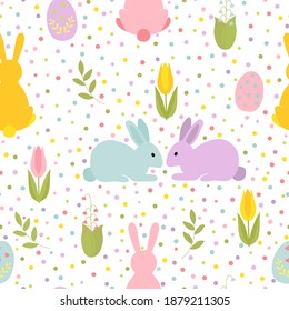  Cartoon Easter bunnies and eggs with sprigs tulips. Seamless colorful vector pattern in flat style on a white background with multicolored polka dots.