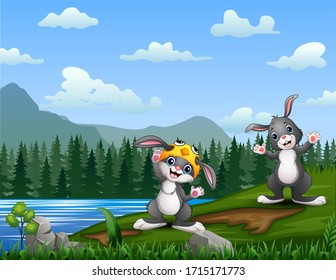 Cartoon Easter bunnies in the riverside