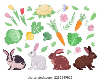 Cartoon-Ostersterne. Frühlingskaninchen mit Blumen und Gemüse, flauschige Tiere mit Grünpflanzen und Blättern. Hübsches, sonniges FlachVektorgrafik-Set