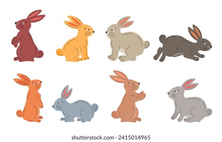 Cartoon Easter bunnies in various poses set. Easter bunny collection in hand drawn style. Bunny, rabbit, hare cute vector animal characters. Easter elements clip art for posters, cards, printing.