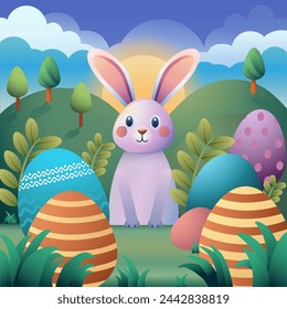 Cartoon Easter bunny among green meadow and colorful eggs