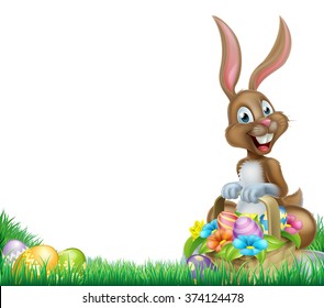 Cartoon Easter bunny with a basket of chocolate Easter eggs in a field