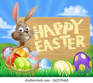 A cartoon Easter Bunny with a basket of Easter eggs next to a wooden sign