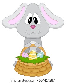 Cartoon easter bunny with basket and eggs isolated on white