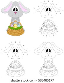 Cartoon easter bunny with basket of eggs. Coloring book and dot to dot educational game for kids