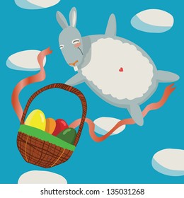 Cartoon Easter bunny with a basket full of eggs in the sky with clouds