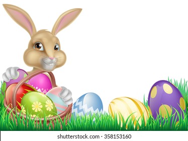 Cartoon Easter bunny with a basket full of chocolate Easter eggs in a field