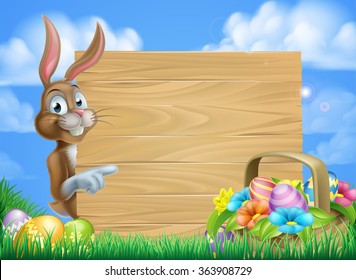 Cartoon Easter bunny and Easter basket full of Easter eggs background