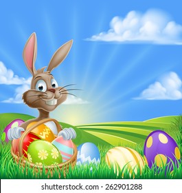 A cartoon Easter Bunny with a basket hamper of Easter eggs in a field with rolling hills