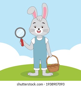 Cartoon easter bunny carrying a basket full egg