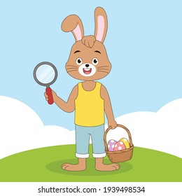 Cartoon easter bunny carrying a basket full egg