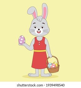 Cartoon easter bunny carrying a basket full egg